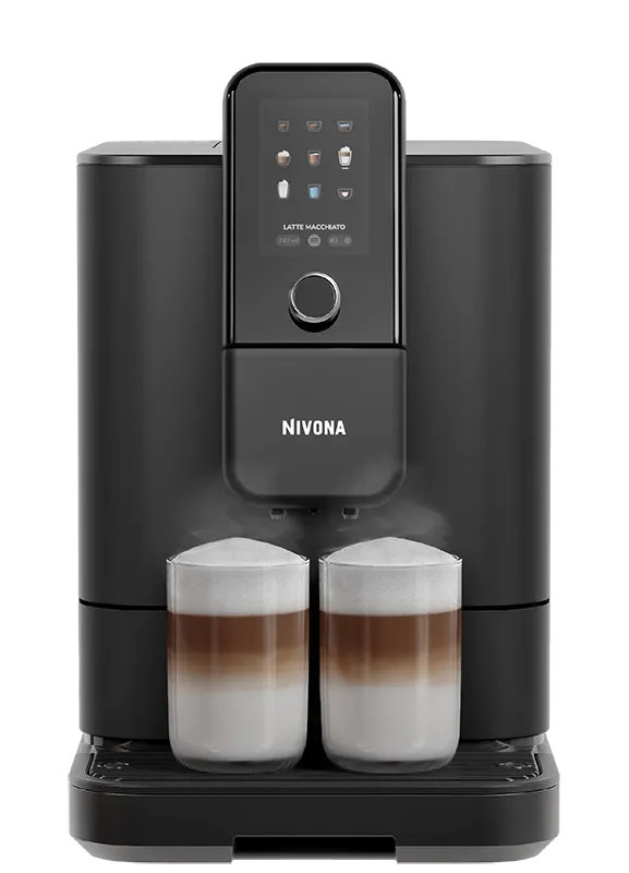 NIVO 8000 Kaffeevollautomat in moderner Küche mit dampfendem Espresso